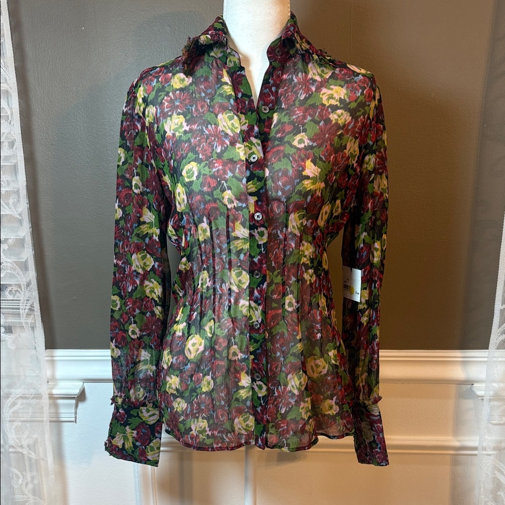 Kate Hill 100% Silk Floral Button Up Blouse Sheer Fitted Top 2